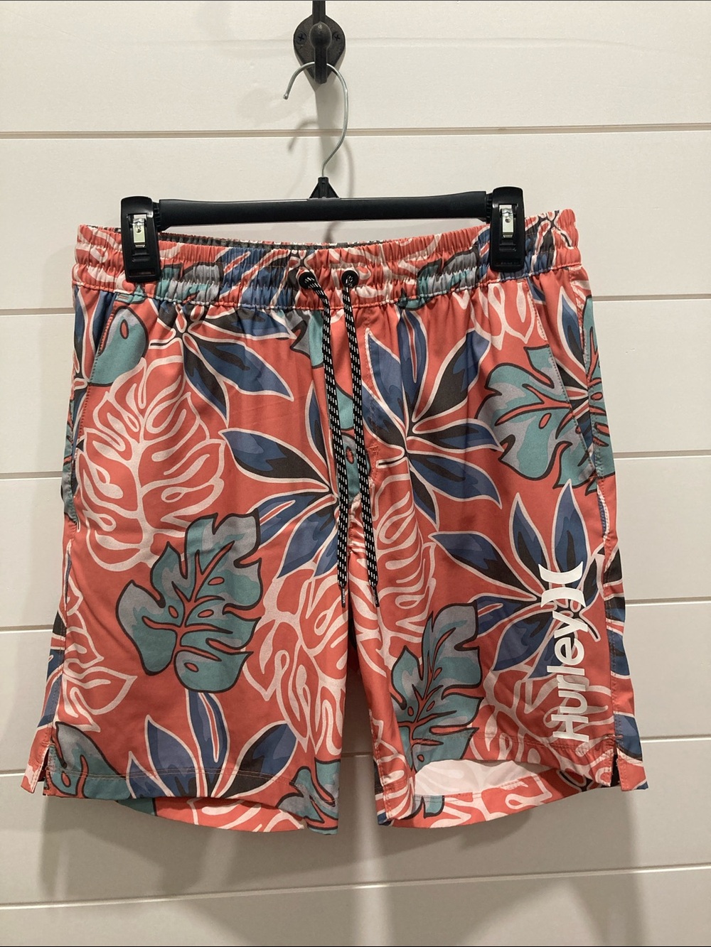 Hurley Men's Volley Swim Trunks Tropical Floral Coral Blue-Size Medium-EUC